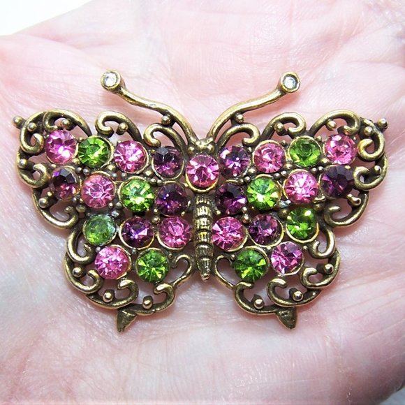 Hollycraft Gold Tone Metal Multi Color Rhinestone Butterfly Pin Brooch - Picture 2 of 6